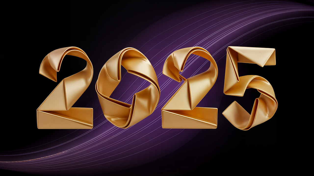 Bronze colored origami 2025 with black background and a purple upward swoop
